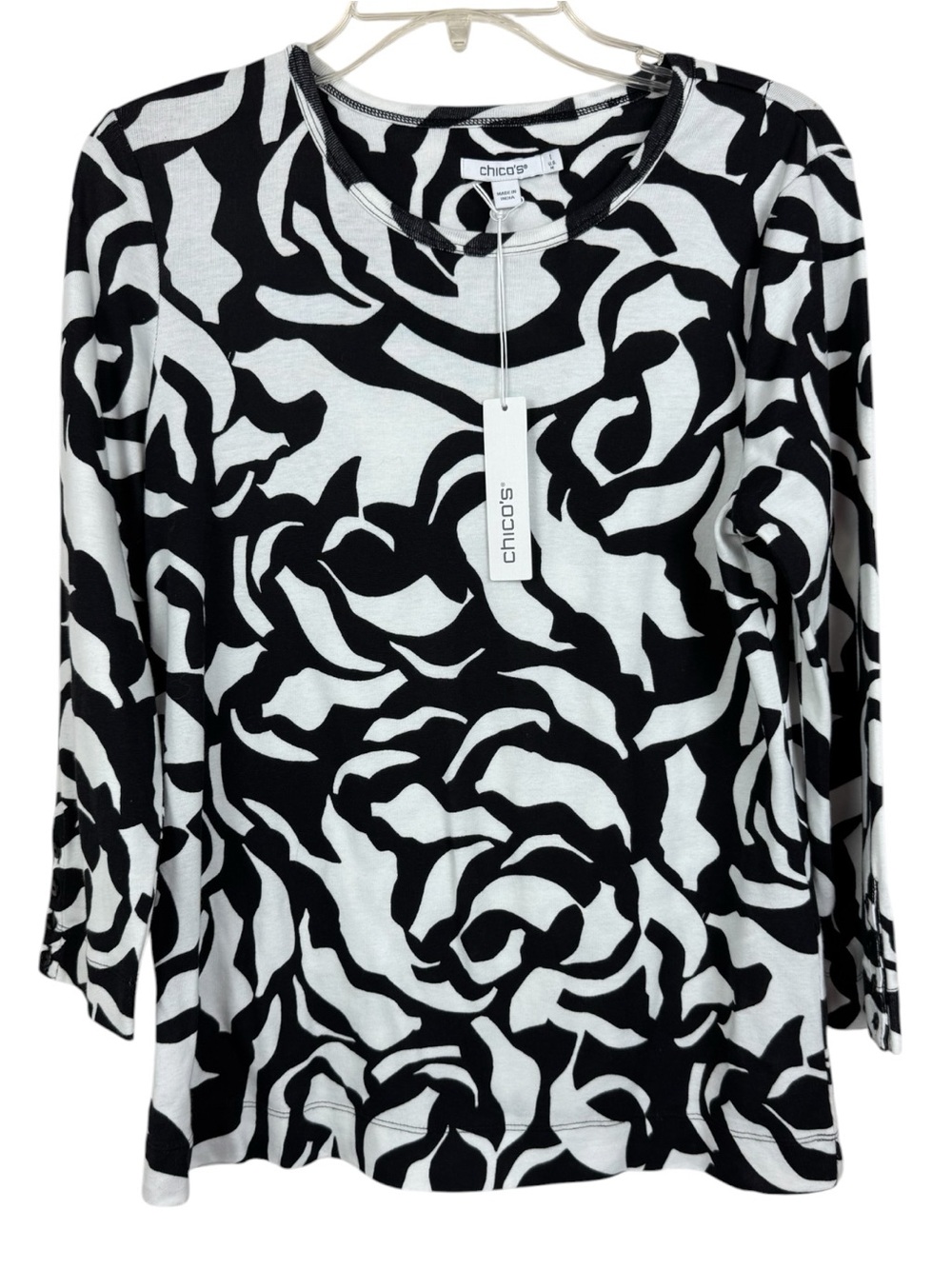 Chico's Womens Souk Maze Everyday Tee 3/4 Sleeve knit black white sz 1 or M